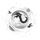 moon with a black snake wrapped around the moon, it sheds its skin and makes it look like 2 snakes descending down  tattoo design idea