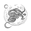 moon with a black snake wrapped around the moon, it sheds its skin and makes it look like 2 snakes descending down  tattoo design idea