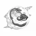 moon with a black snake wrapped around the moon, it sheds its skin and makes it look like 2 snakes descending down  tattoo design idea