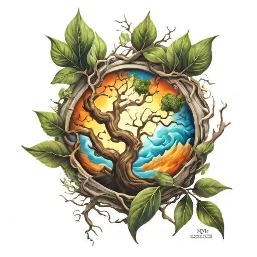 chest tattoo of tree branches with the four elements tattoo design idea