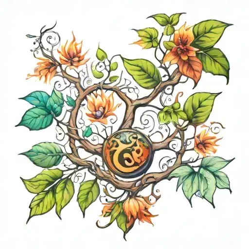 chest tattoo of tree branches with the four elements water, earth, fire, and air, and two branch leaves are musical note tattoo design idea