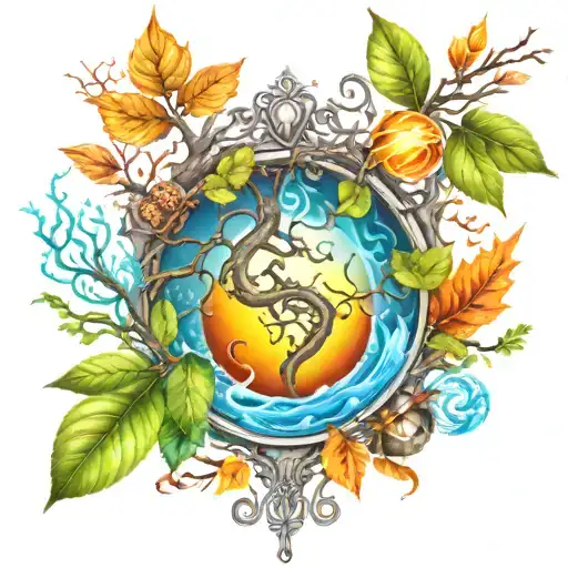 chest tattoo of tree branches with the four elements water, earth, fire, and air, and two branch leaves are musical note tattoo design idea