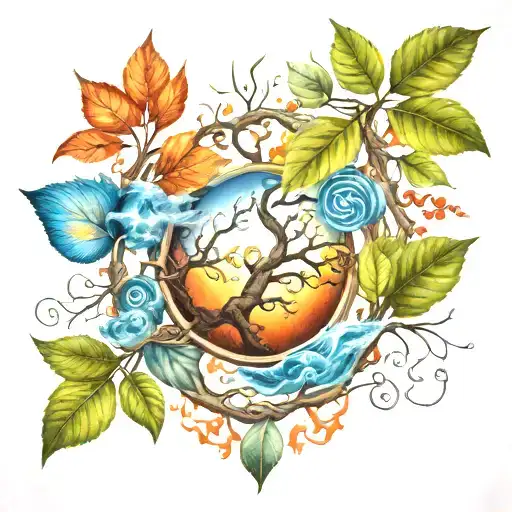 chest tattoo of tree branches with the four elements water, earth, fire, and air, and two branch leaves are musical note tattoo design idea