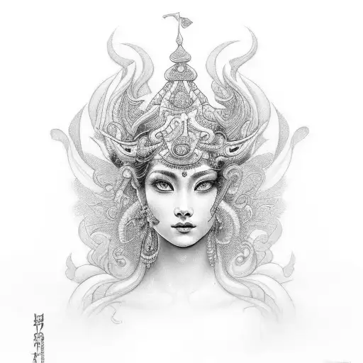 A stunning black-grey tattoo depicting the graceful goddess Oxum, adorned with golden lilies and surrounded by a flowing river. tattoo design idea