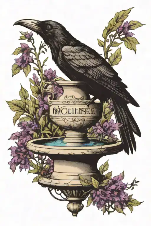 A tattoo of a crow perched on the root of a heather drinking the water of the a fountain with the name «&nbsp;Molière&nbsp;»  writ tattoo design idea
