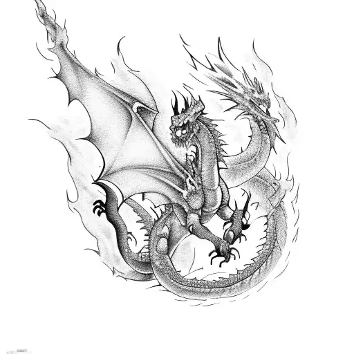 Fiery dragon engulfed in flames tattoo design idea