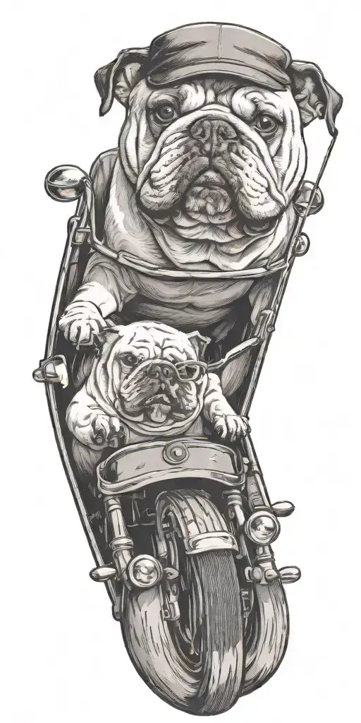 A bulldog sitting in the driver's seat of a muscle car, ready to hit the road tattoo design idea