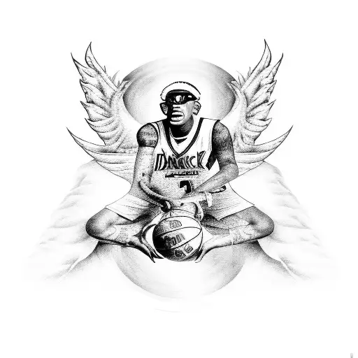 A tattoo design of Dennis Rodman in his iconic basketball pose, surrounded by angel and demon wings, representing the duality of his personality and your love for basketball and the supernatural. tattoo design idea