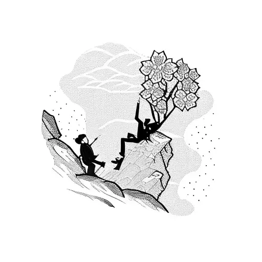 A silhouette of a climber scaling a mountain peak surrounded by blooming flowers tattoo design idea