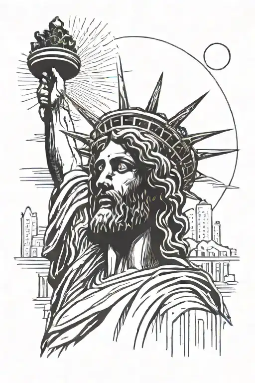 The sun behind the statue of Jesus in Rio and the tall buildings of the city at the end of that statue below and the shine of that sun tattoo design idea