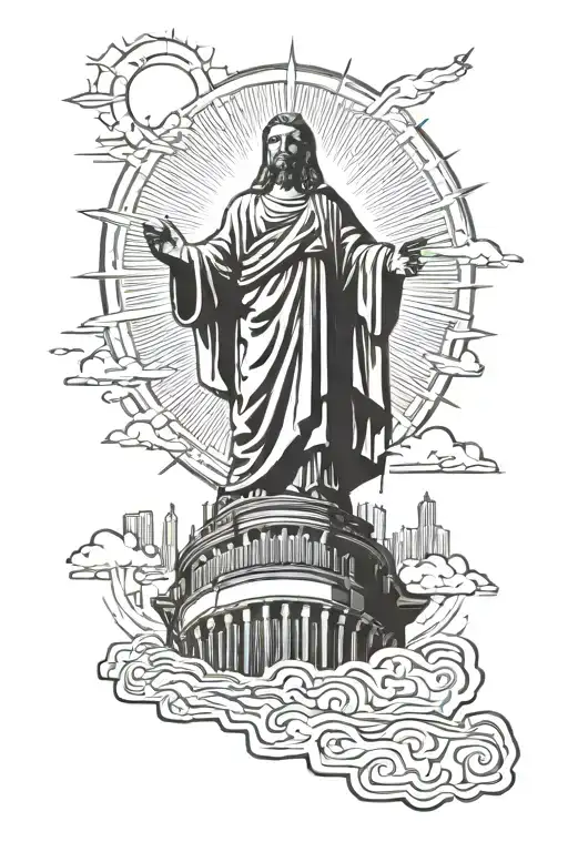 The sun behind the statue of Jesus of Rio and the tall buildings of the city at the bottom of the statue tattoo design idea