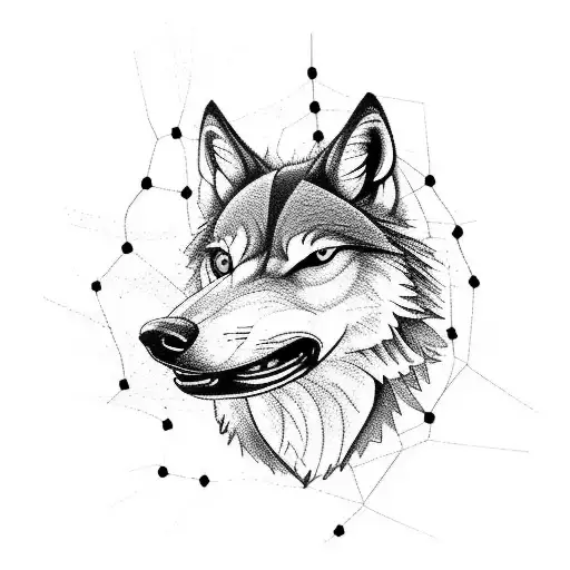 A carpenter wolf building a soccer stadium tattoo design idea