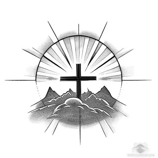 three crosses with the sun in the background and rays coming forward tattoo design idea