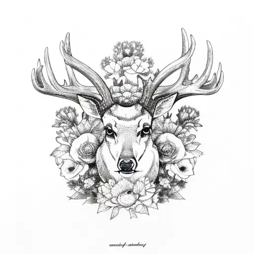 deer antlers with flowers tattoo design idea