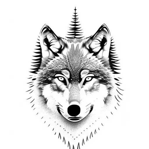 wolf face with misty forest tattoo design idea