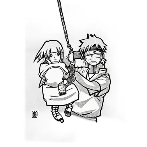 Naruto on a swing with his mother standing next to him holding his shoulder tattoo design idea