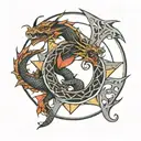 dragon circle with three triangles overlapping inside tattoo design idea