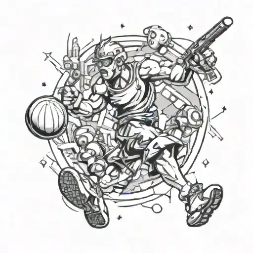 A dynamic sports scene incorporating elements of computer games tattoo design idea