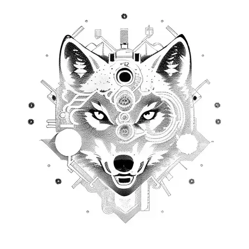 A manga-style illustration of a wolf traveling through time and space, surrounded by intricate clockwork machinery tattoo design idea