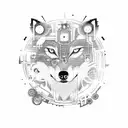 A manga-style illustration of a wolf traveling through time and space, surrounded by intricate clockwork machinery tattoo design idea