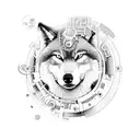 A manga-style illustration of a wolf traveling through time and space, surrounded by intricate clockwork machinery tattoo design idea