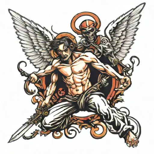 NeoTraditional "Angel Killing Demon" Tattoo Idea BlackInk AI