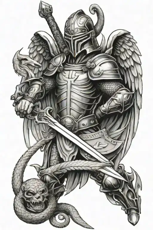 arch angel Micheal with helmet and shield holding a sword killing a snake  tattoo design idea
