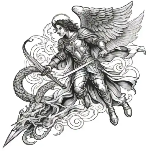 A portrait of Archangel Michael in a dynamic pose, wielding a flaming sword and standing over a defeated snake tattoo design idea