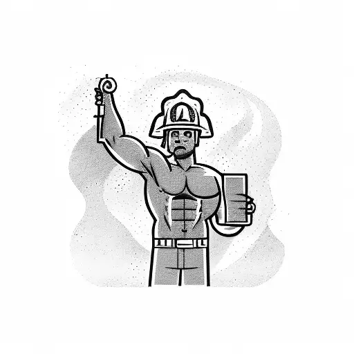 A powerful blackwork tattoo of a muscular firefighter holding a book, symbolizing the client's passion for learning and their occupation as a firefighter. tattoo design idea