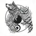 A tattoo design combining a wolf and an owl in a yin yang symbol, representing the balance between wisdom and instinct tattoo design idea