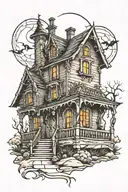 haunted house lines only tattoo design idea