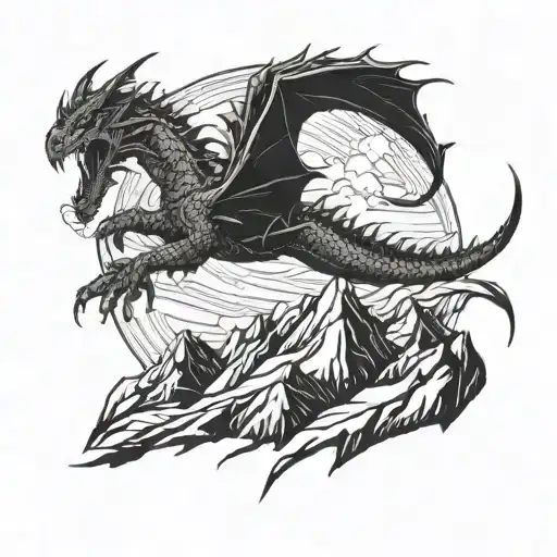 A dragon soaring over a mountain range tattoo design idea