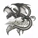 A dragon soaring over a mountain range tattoo design idea