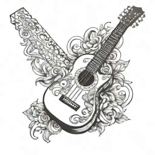 Design a tattoo of a Spanish guitar with each string representing a different family member, with their initials engraved on the fretboard tattoo design idea