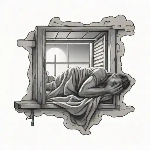 A dreamy scene of a prisoner sleeping under a ceiling window filled with sunlight tattoo design idea