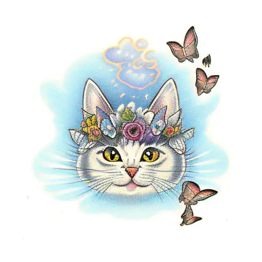 cat with butterflys as eyes tattoo design idea