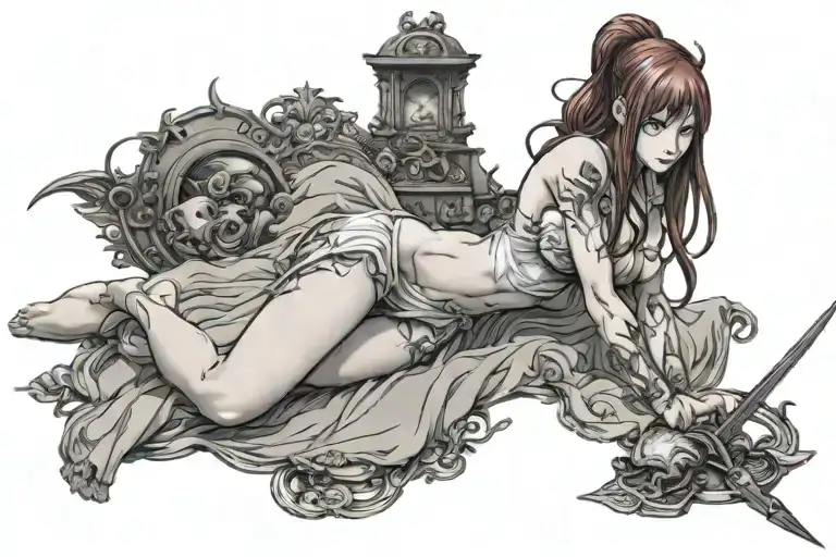 Erza Scarlet from Fairy Tail laying up completely nude. tattoo design idea