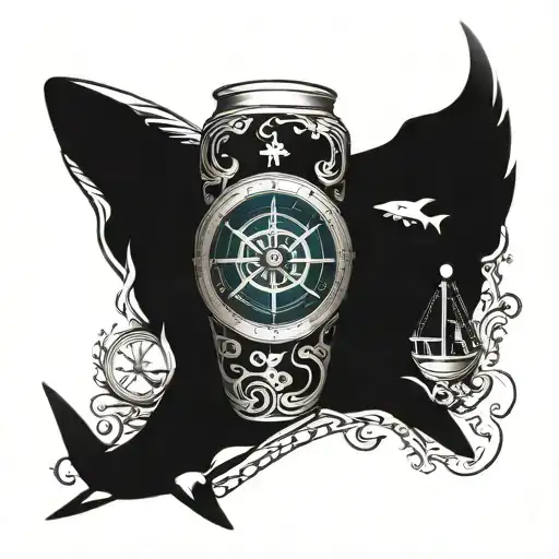 Tattoo on the arm: shark, compass, Caravaca cross, hourglass. tattoo design idea