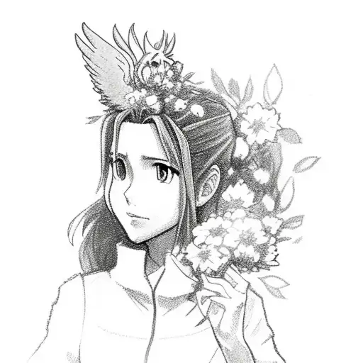 A sketch of Aerith holding a bouquet of flowers with a phoenix rising behind her tattoo design idea