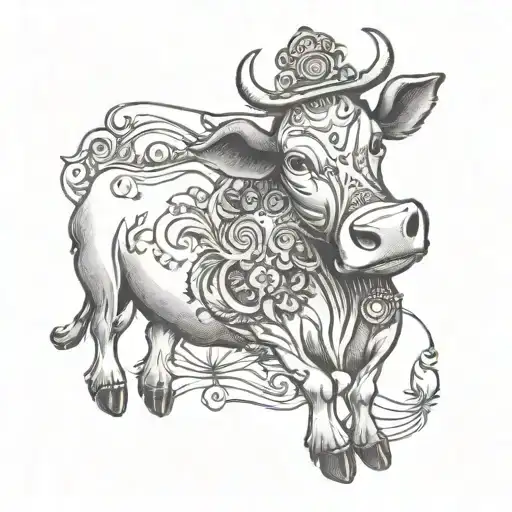 A mystical black and grey tattoo of a singing cow with intricate Texas-themed details tattoo design idea