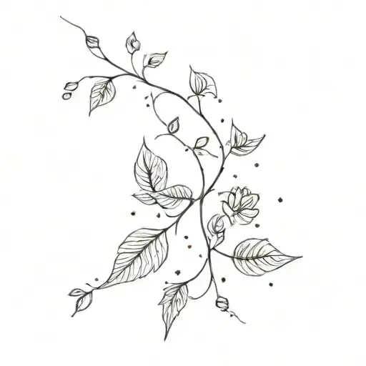 a fine line tatoo of a vine with leaves and flowers connecting to a simple constellation with stars tattoo design idea