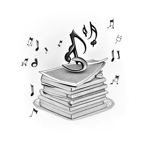 Stack of books with musical notes floating out of them tattoo design idea