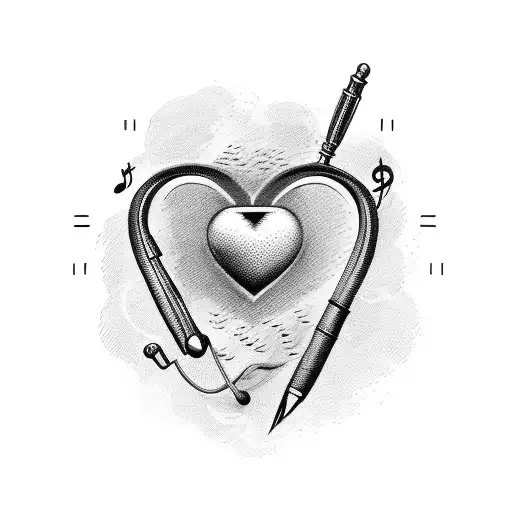 A quill pen and stethoscope intertwined with a heart-shaped music note tattoo design idea