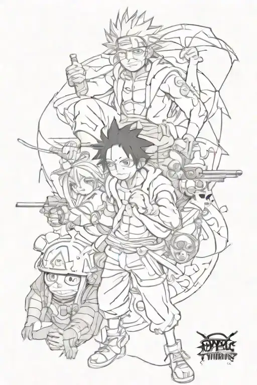 a tattoo that combines elements of the anime "One Piece", "Naruto", "Attack of Titans" and "Hunter Hunter".  tattoo design idea