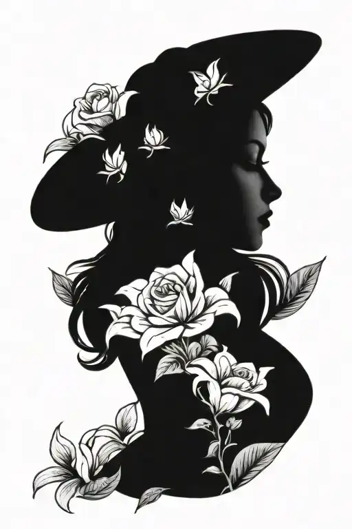 A blackwork tattoo of a motherly figure nurturing a garden full of lilies and roses tattoo design idea