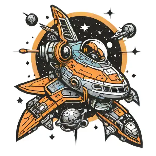 comics style spaceship crossing the galaxy tattoo design idea