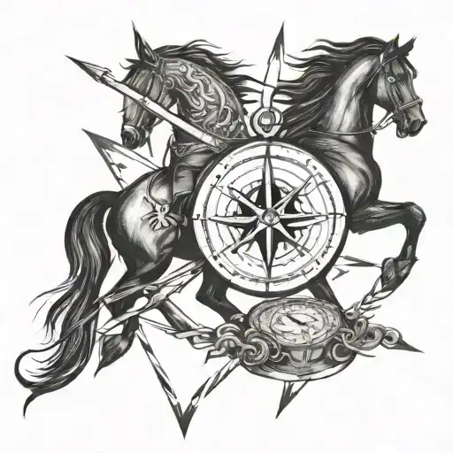Crossed axes with lightning bolts and a horse coming out of a compass tattoo  tattoo design idea