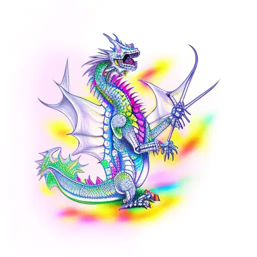 colorful skeleton dragon  tattoo design idea