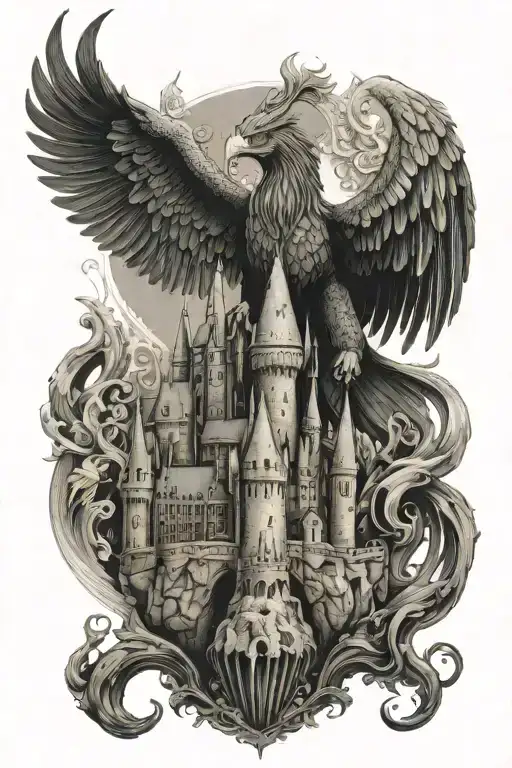 hogwarts castle, phoenix, griffin, serius black tattoo design idea