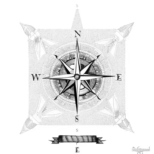 A compass surrounded by various hunting tools tattoo design idea